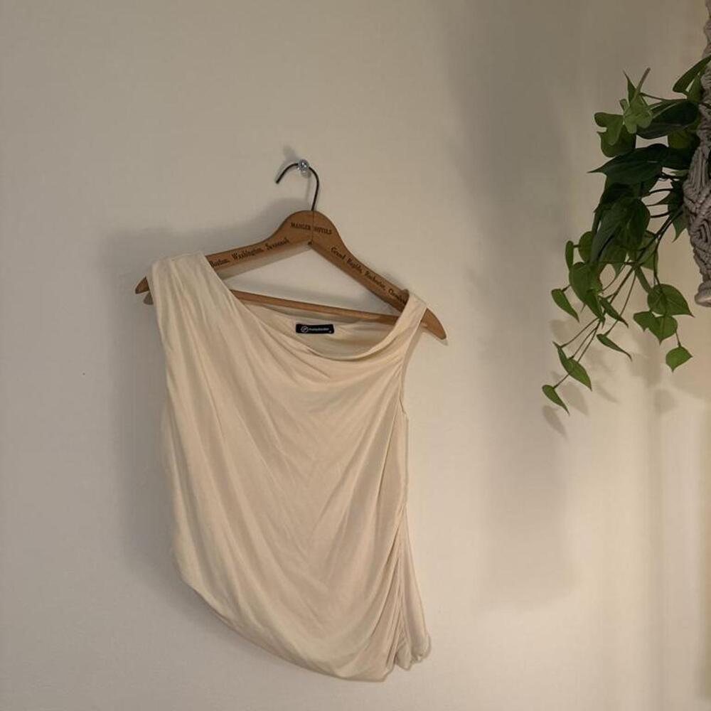 Cream Draped Cowl Neck Asymmetrical Sleeveless Top